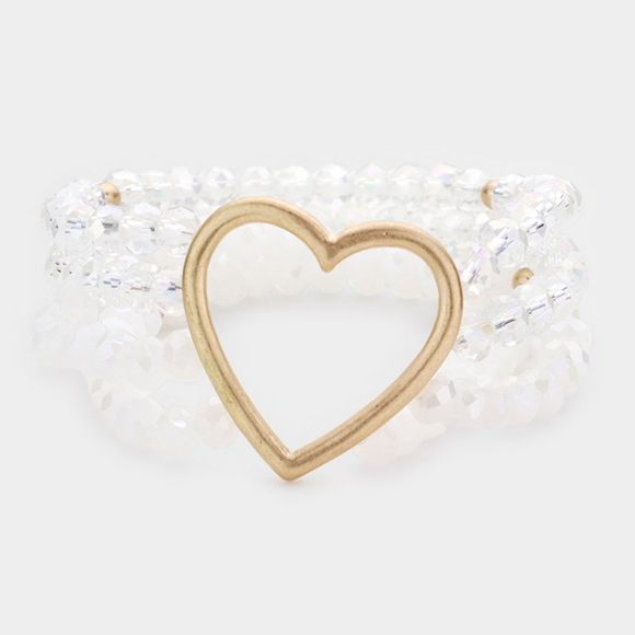White Beads Stretch MultiLayered Heart Gold Bracelet Fashion Statement Jewelry - Picture 1 of 2